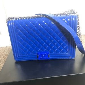 Chanel bright blue patent leather large boy bag